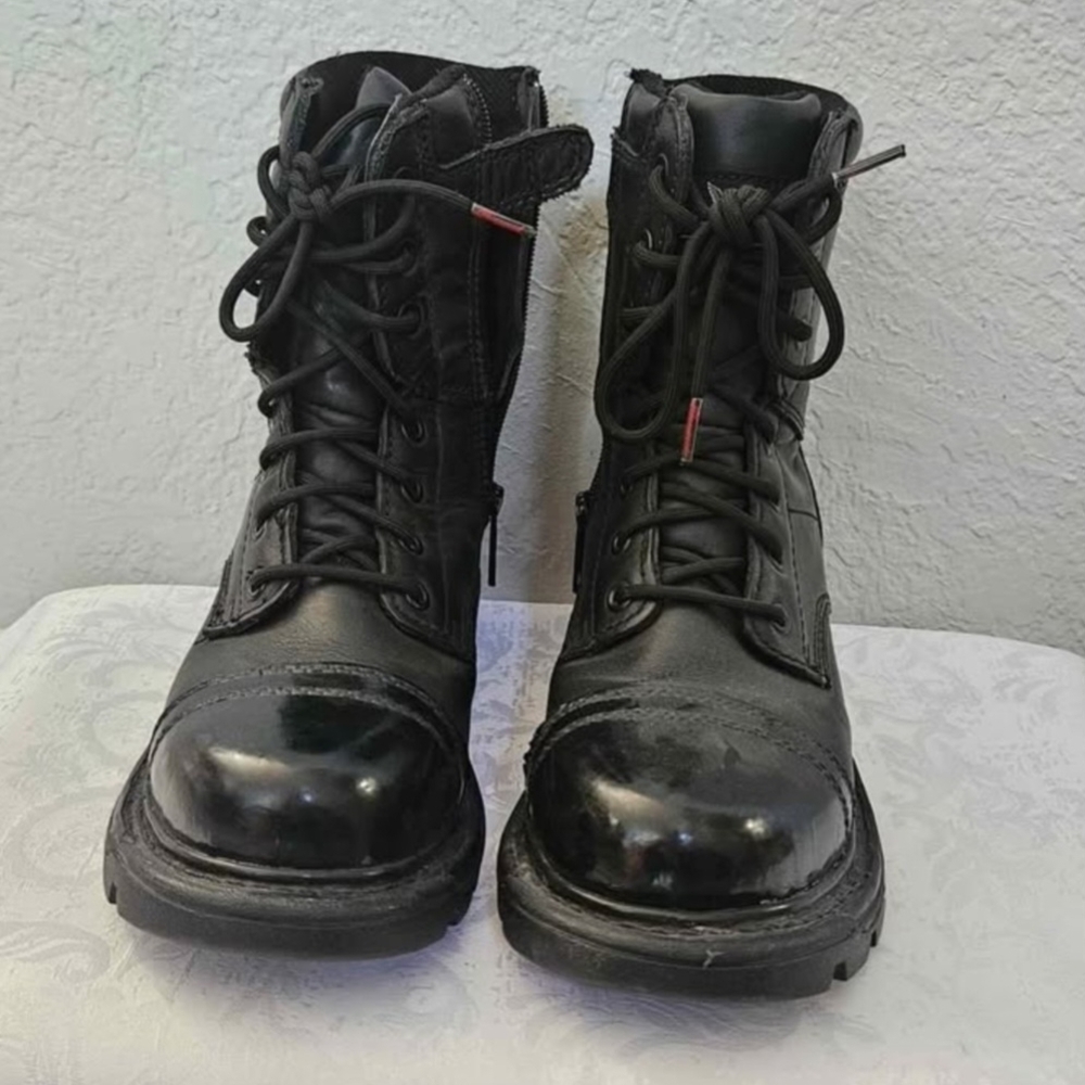 Unisex Black Leather Lace-Up Tactical Boots